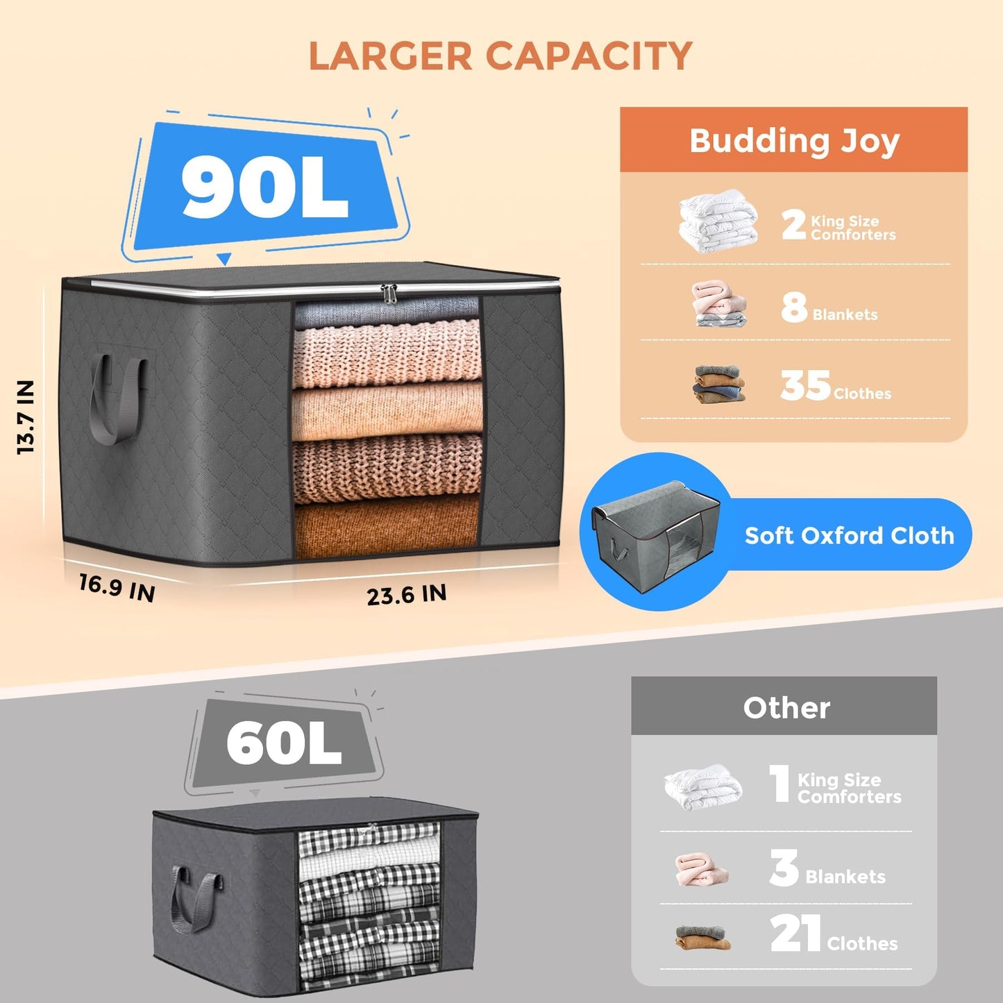 90L Large Storage Bags 6 Pack Gray - Heavy Duty Organizer with Clear Window