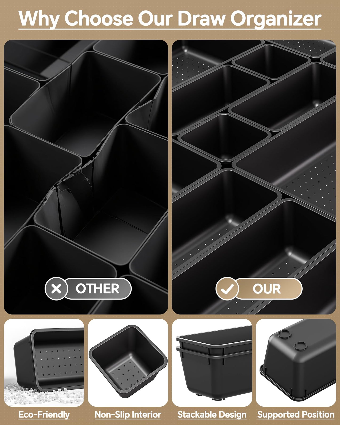 KEMETHY 25 Piece Black Plastic Drawer Organizer Set - 4 Sizes for Desk Bathroom Kitchen