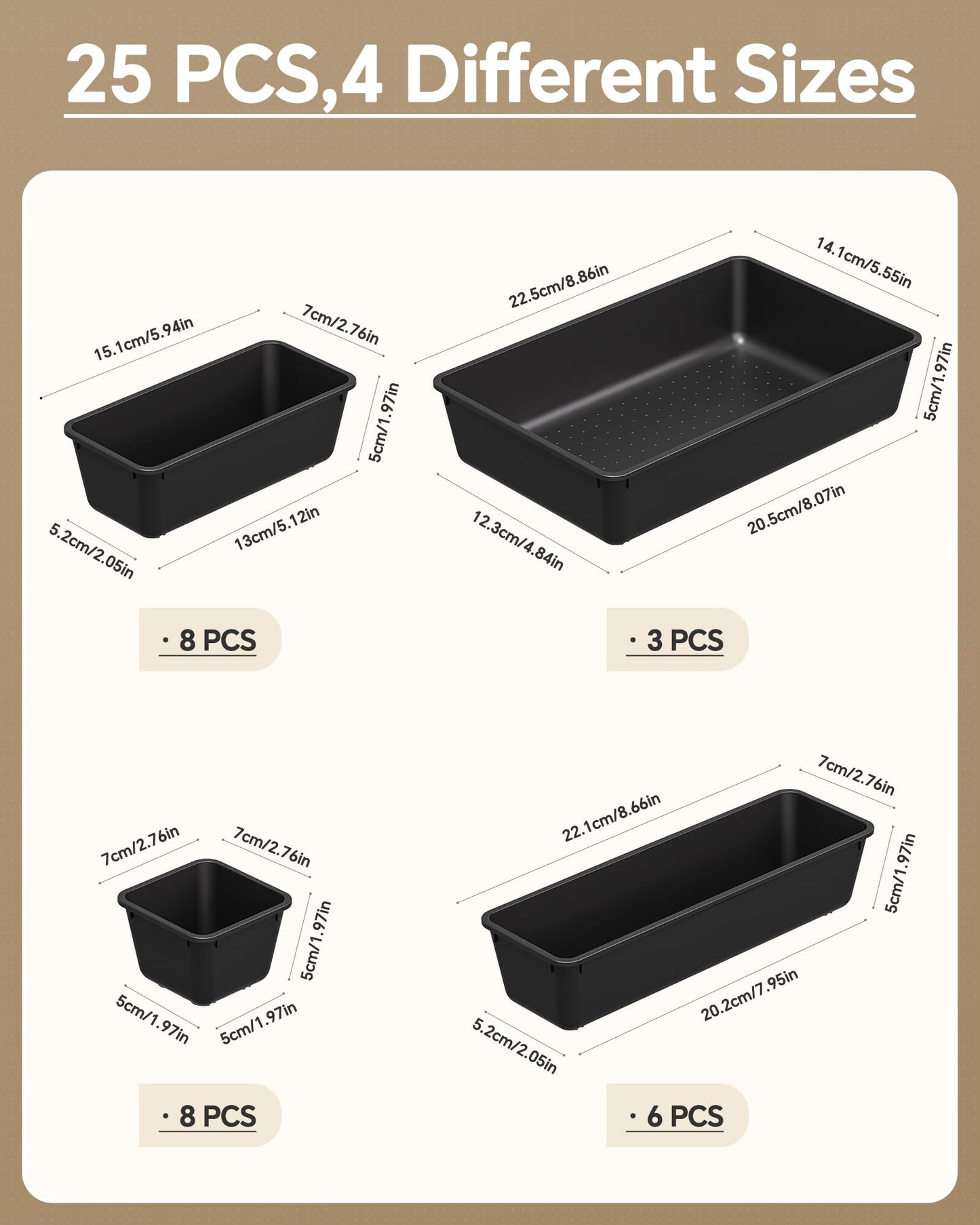 KEMETHY 25 Piece Black Plastic Drawer Organizer Set - 4 Sizes for Desk Bathroom Kitchen
