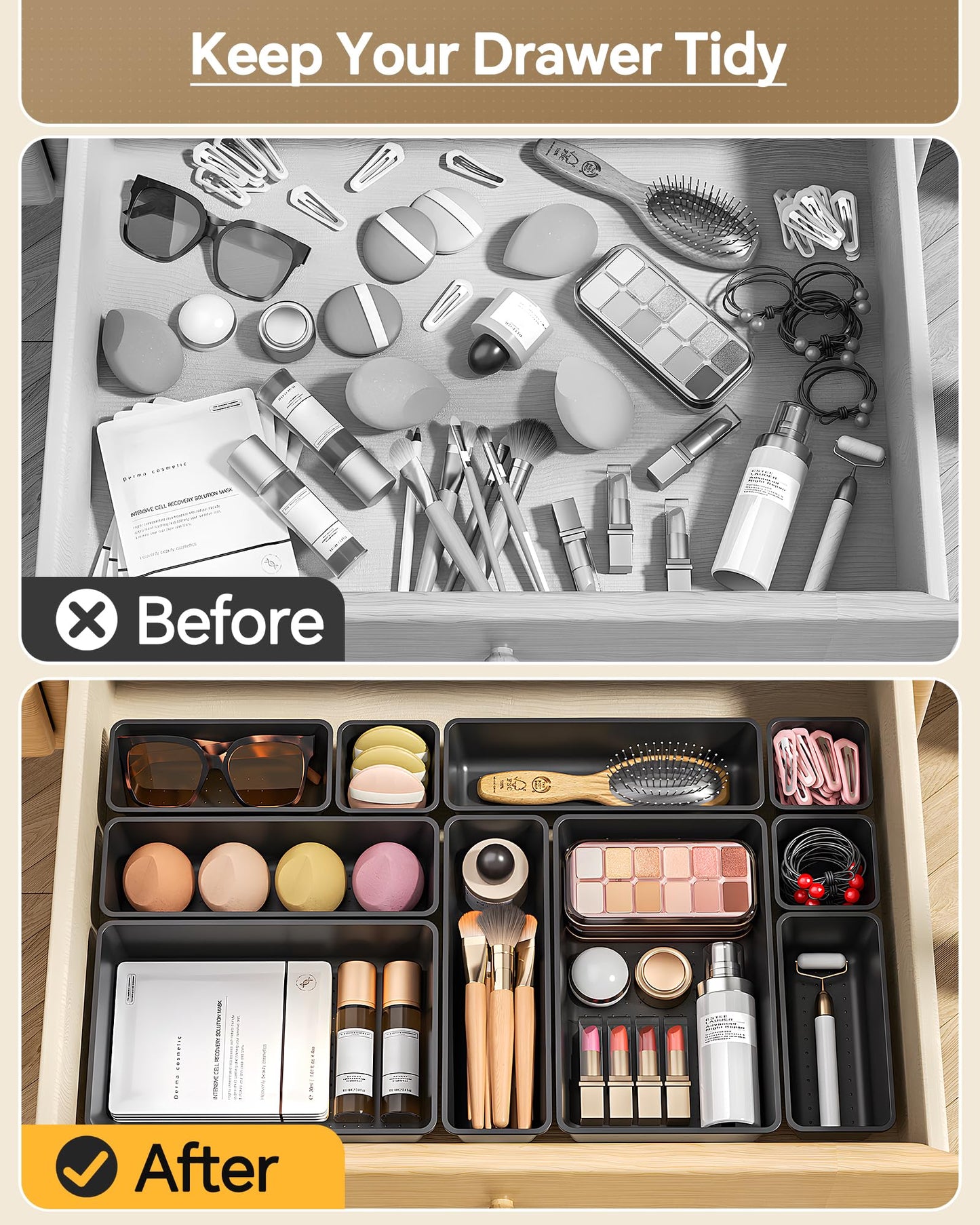 KEMETHY 25 Piece Black Plastic Drawer Organizer Set - 4 Sizes for Desk Bathroom Kitchen