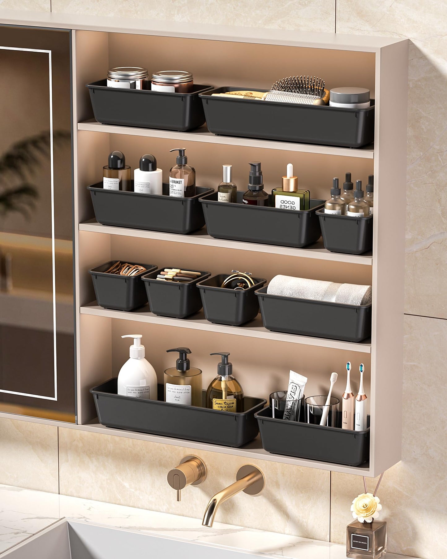 KEMETHY 25 Piece Black Plastic Drawer Organizer Set - 4 Sizes for Desk Bathroom Kitchen