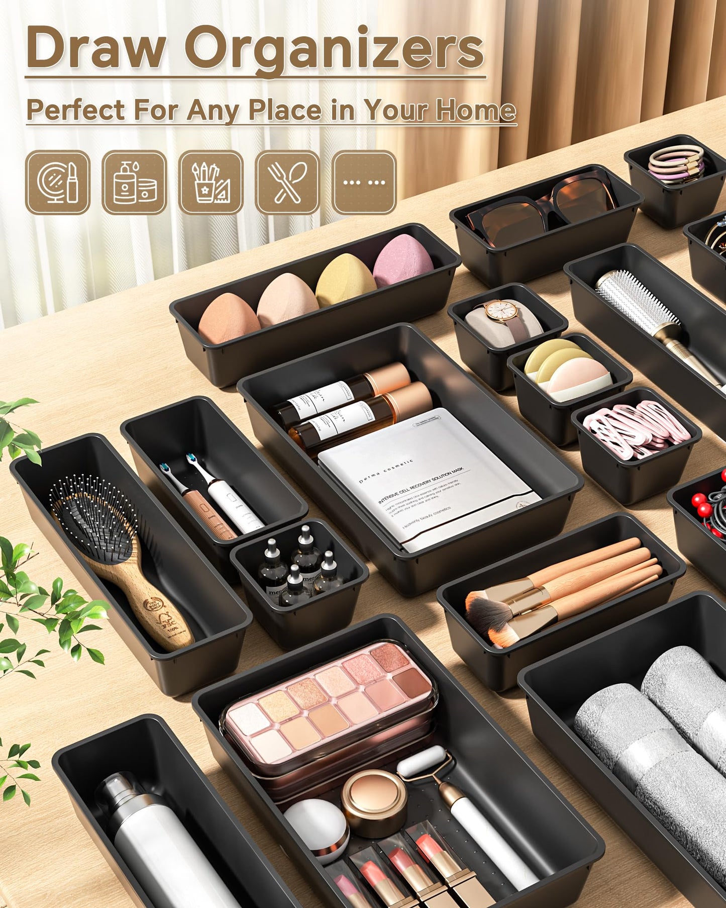 KEMETHY 25 Piece Black Plastic Drawer Organizer Set - 4 Sizes for Desk Bathroom Kitchen