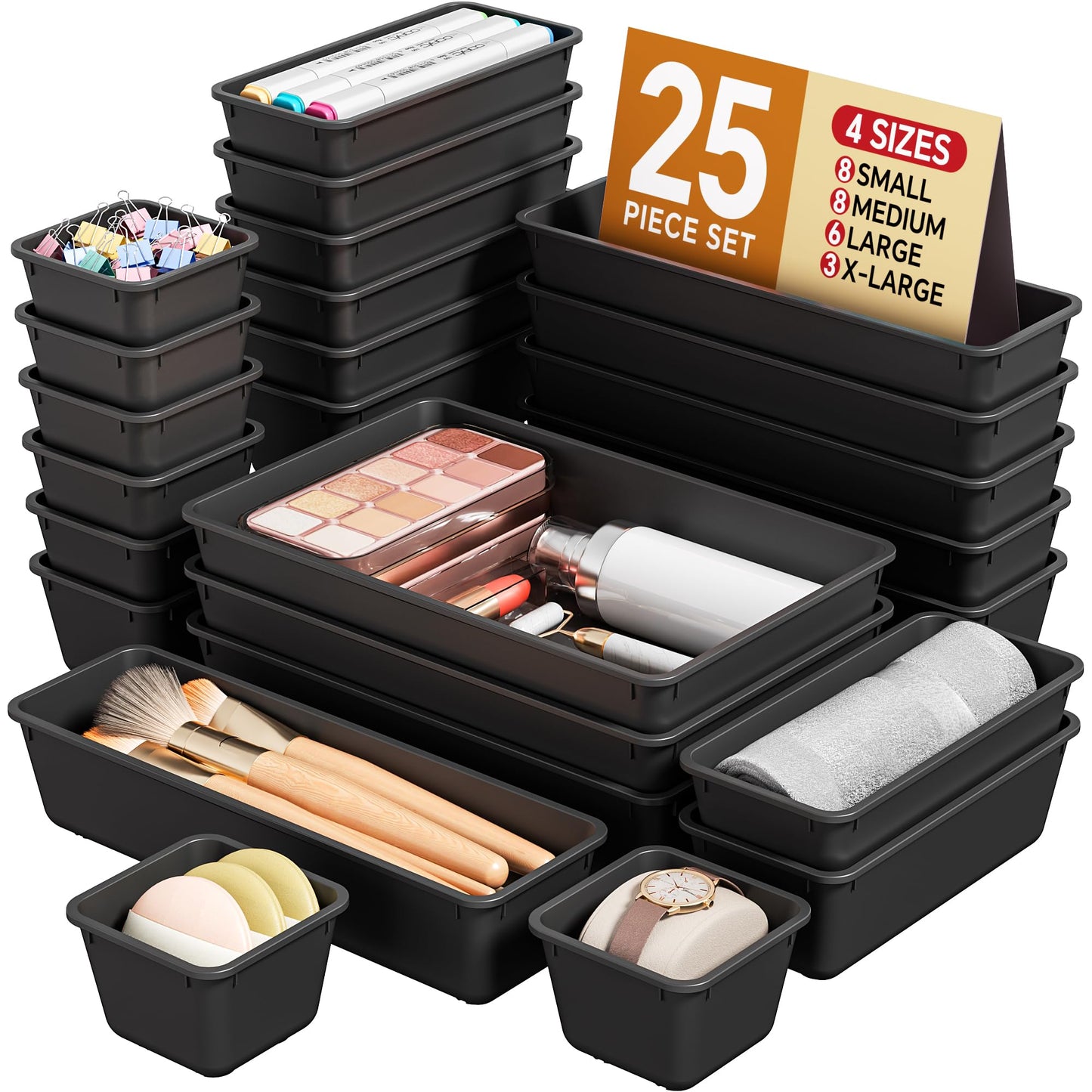 KEMETHY 25 Piece Black Plastic Drawer Organizer Set - 4 Sizes for Desk Bathroom Kitchen