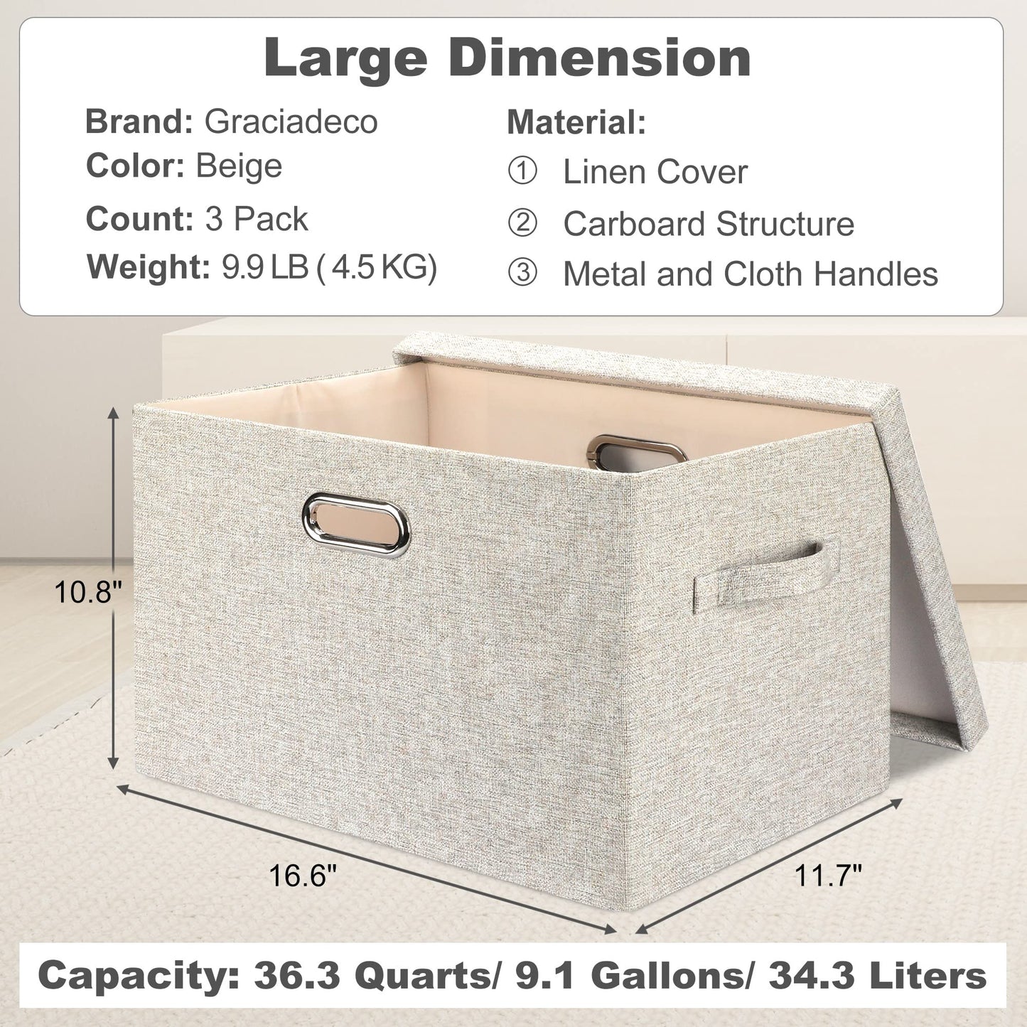 Graciadeco Large Collapsible Storage Bins with Lids 3 Pack Beige - Stackable Organizer