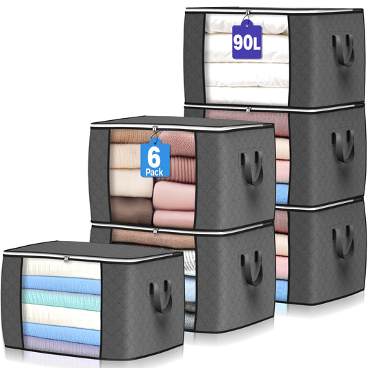 90L Large Storage Bags 6 Pack Gray - Heavy Duty Organizer with Clear Window