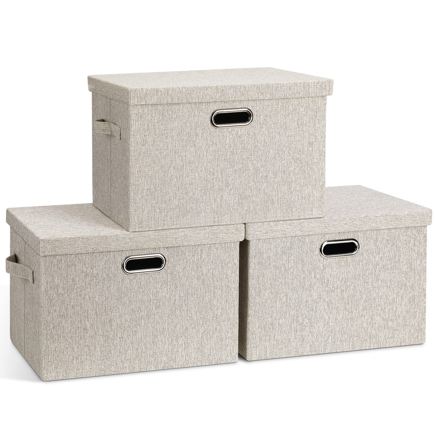 Graciadeco Large Collapsible Storage Bins with Lids 3 Pack Beige - Stackable Organizer