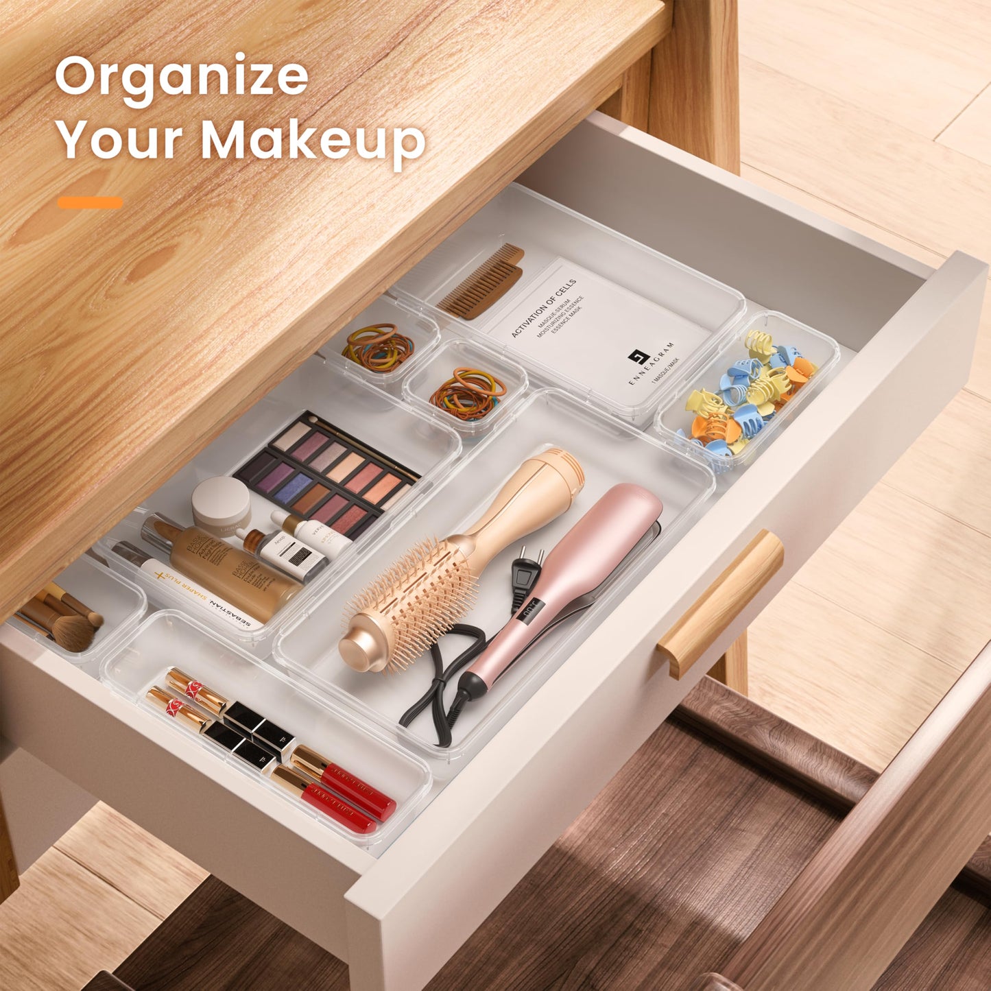 A-LuGei Military Grade Drawer Organizer Set - 28 Piece 5 Size Clear Plastic Makeup Organizer